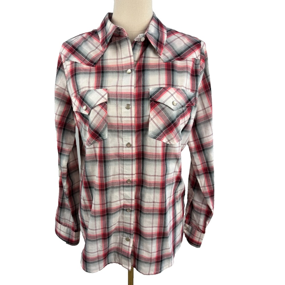 Wrangler Mens Red Plaid Western Pearl Snap Long Sleeve Shirt Medium Vintage
